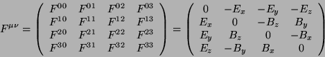 \begin{displaymath}\
F^{\mu \nu} =
\left( \begin{array}{clcr}
F^{00} & F^{01...
...B_z & 0 & -B_x \\
E_z & -B_y & B_x & 0
\end{array} \right)
\end{displaymath}