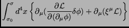 $\displaystyle \int_{\sigma_0}^{\sigma}d^4x\left\{\partial_\mu(\frac{\partial\ma...
...ial(\partial_\mu \phi)}\delta \phi ) + \partial_\mu(\xi^\mu\mathcal{L})\right\}$