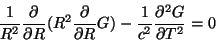 \begin{displaymath}
\frac{1}{R^2}\frac{\partial}{\partial R}(R^2\frac{\partial}...
...l R}G)-
\frac{1}{c^2}\frac{\partial^2 G}{\partial T^2} = 0
\end{displaymath}