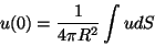 \begin{displaymath}
u(0)=\frac{1}{4 \pi R^2}\int u dS
\end{displaymath}