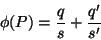 \begin{displaymath}
\phi(P)=\frac{q}{s} + \frac{q'}{s'}
\end{displaymath}