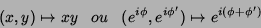 \begin{displaymath}
(x,y)\mapsto xy \;\;\;ou\;\;\; (e^{i\phi},e^{i\phi^\prime})
\mapsto e^{i(\phi+\phi^\prime)}
\end{displaymath}