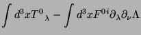 $\displaystyle \int d^3x T^0_{\;\;\;\lambda}-
\int d^3x F^{0 i}\partial_\lambda\partial_\nu \Lambda$