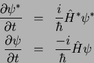 \begin{eqnarray*}
\frac{\partial \psi^*}{\partial t} & = & \frac{i}{\hbar} \hat...
...{\partial \psi}{\partial t} & = & \frac{-i}{\hbar} \hat{H} \psi
\end{eqnarray*}