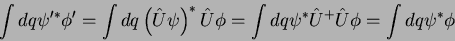 \begin{displaymath}
\int dq \psi^{\prime *}\phi^{\prime}=\int dq
\left(\hat{U}...
...phi= \int dq
\psi^*\hat{U}^+\hat{U}\phi = \int dq \psi^*\phi
\end{displaymath}