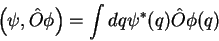 \begin{displaymath}
\left(\psi, \hat{O}\phi\right)=\int dq \psi^*(q)\hat{O}\phi(q)
\end{displaymath}