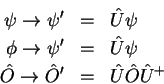 \begin{eqnarray*}
\psi \rightarrow \psi^{\prime} & = & \hat{U}\psi\\
\phi \ri...
...t{O} \rightarrow \hat{O}^{\prime} & = & \hat{U}\hat{O}\hat{U}^+
\end{eqnarray*}