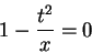 \begin{displaymath}
1-\frac{t^2}{x}=0
\end{displaymath}