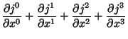 $\displaystyle \frac{\partial j^0}{\partial x^0}
+\frac{\partial j^1}{\partial x^1}+\frac{\partial j^2}{\partial x^2}
+\frac{\partial j^3}{\partial x^3}$