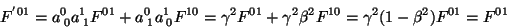 \begin{displaymath}\
F^{'01}=a^0_{\; 0}a^1_{\; 1}F^{01}+a^0_{\; 1}a^1_{\; 0}F^...
...1}
+\gamma^2 \beta^2 F^{10}=\gamma^2(1-\beta^2)F^{01}=F^{01}
\end{displaymath}