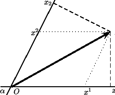 \begin{pspicture}(0,0)(10,6)
\psline[linewidth=1pt](0.7,0.5)(3,5)
\psline[line...
...){$x^2$}
\uput[0](2.3,4.8){$x_2$}
\uput[0](0.3,0.8){$\alpha$}
\end{pspicture}